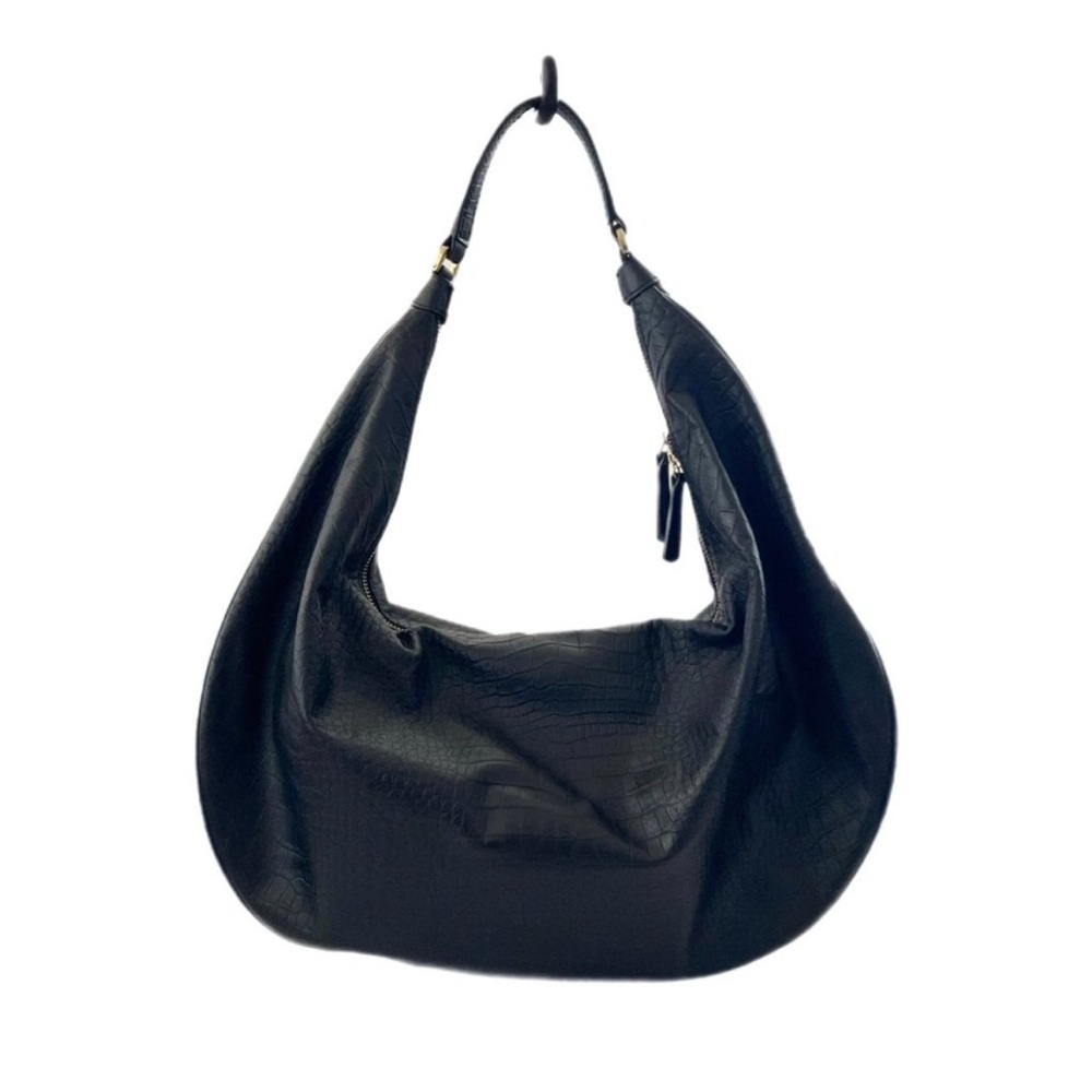 STAUD large Sasha black leather croc embossed shoulder bag